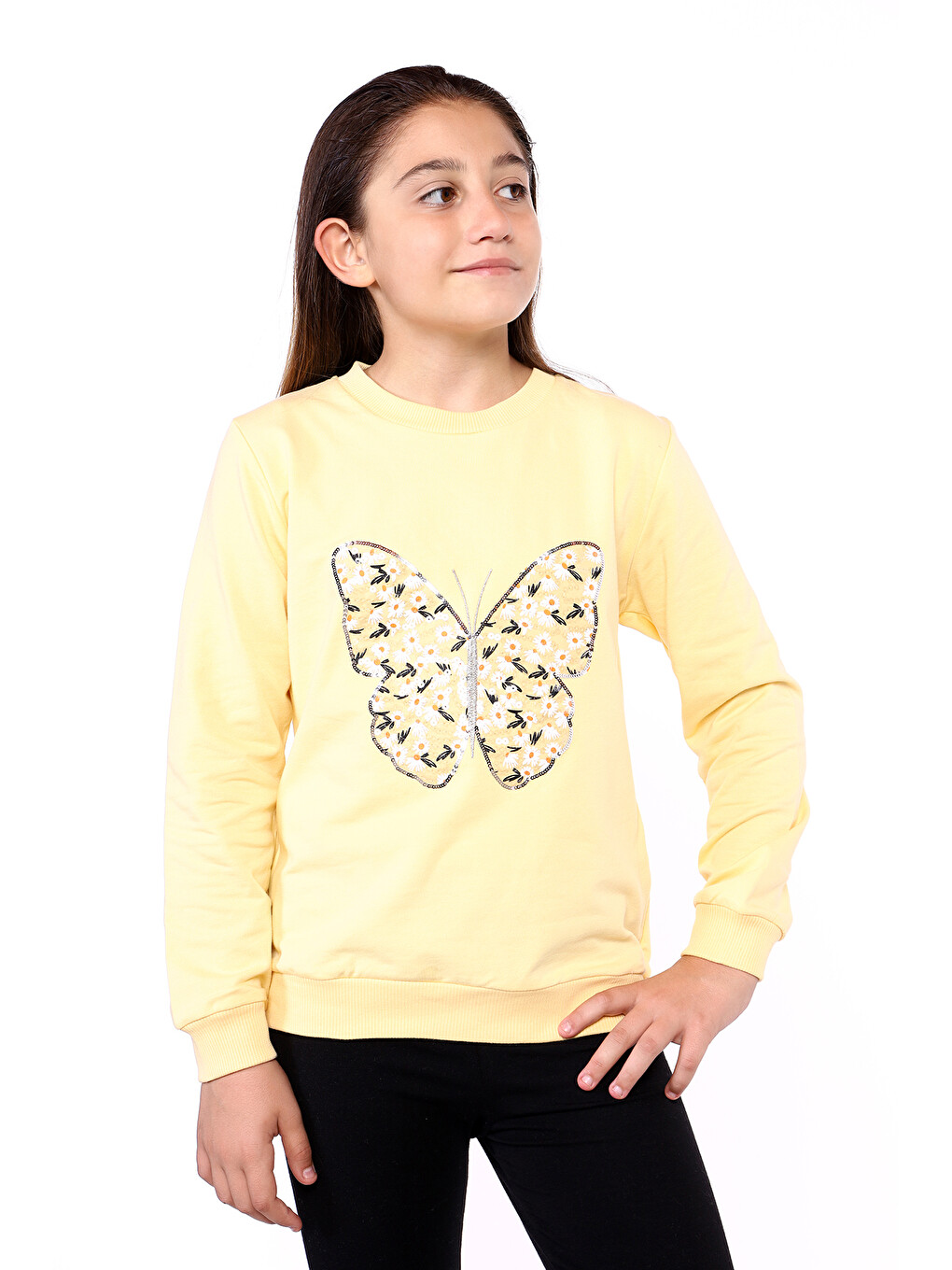Sarı Kız Çocuk Kelebek İşlemeli Sweatshirt
