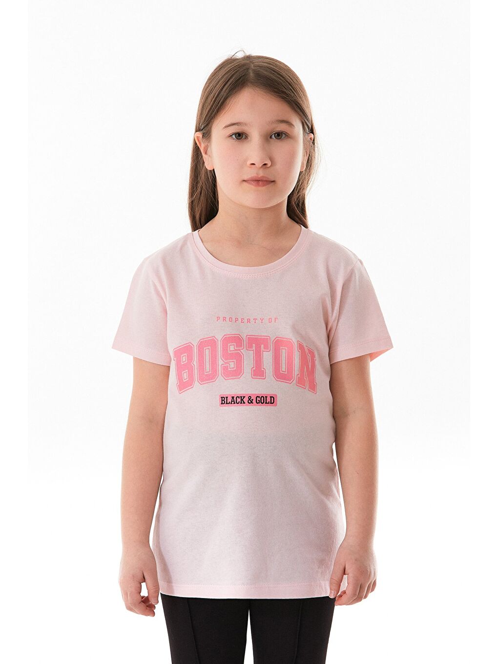Pembe %100 Pamuk Boston Yazı Baskılı Kız Çocuk Tişört