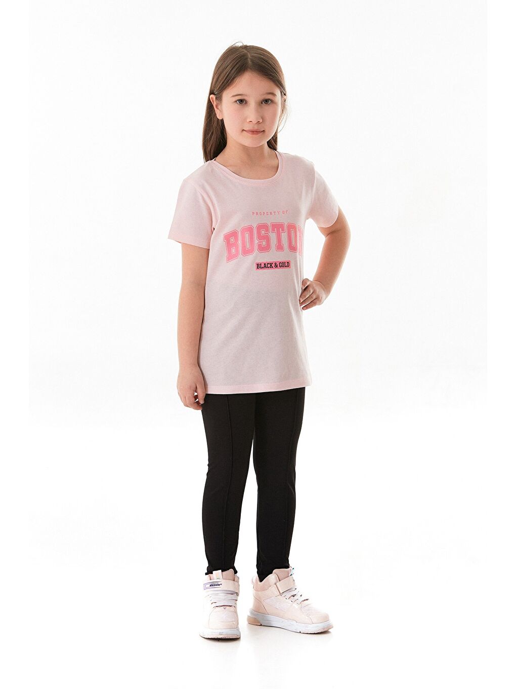 Pembe %100 Pamuk Boston Yazı Baskılı Kız Çocuk Tişört-1