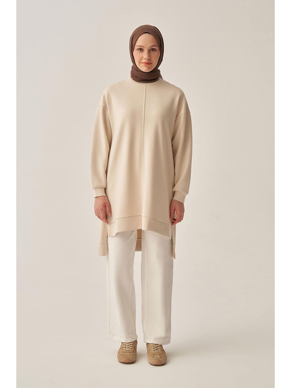 Açık Bej-Yumuşak Dokulu Bisiklet Yaka Sweat