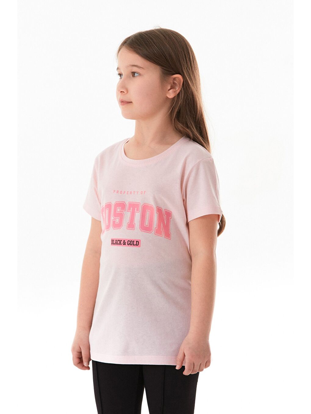 Pembe %100 Pamuk Boston Yazı Baskılı Kız Çocuk Tişört-2