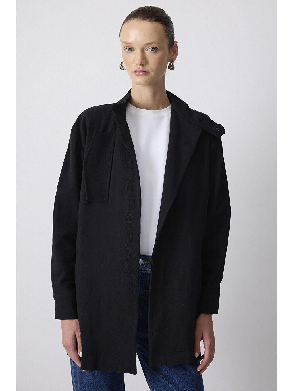 Siyah Kuşaklı Gabardin Ceket-4