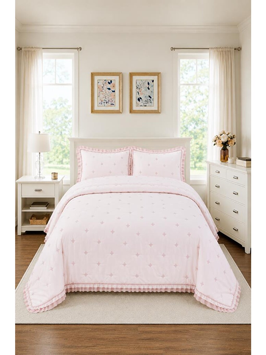Pembe Nove Kelebek Elyaf Dolgulu Çift Kişilik 240x260 Cm Yatak Örtüsü Pudra