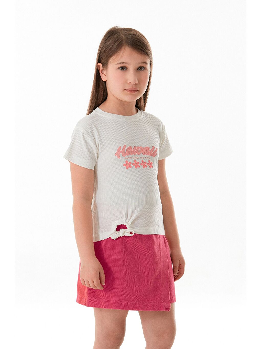 Ekru Hawaii Yazı Baskılı Fitilli Yanı Büzgülü Kız Çocuk Tişört-2