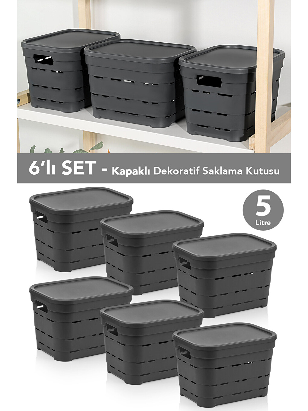 Antrasit 6'lı Kapaklı Delikli Dekoratif Piramit Saklama Kutusu