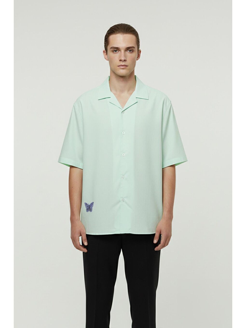 Yeşil Giotelli Mint Oversize %100 Lyocell Apaş Yaka Kısa Kol Erkek Gömlek