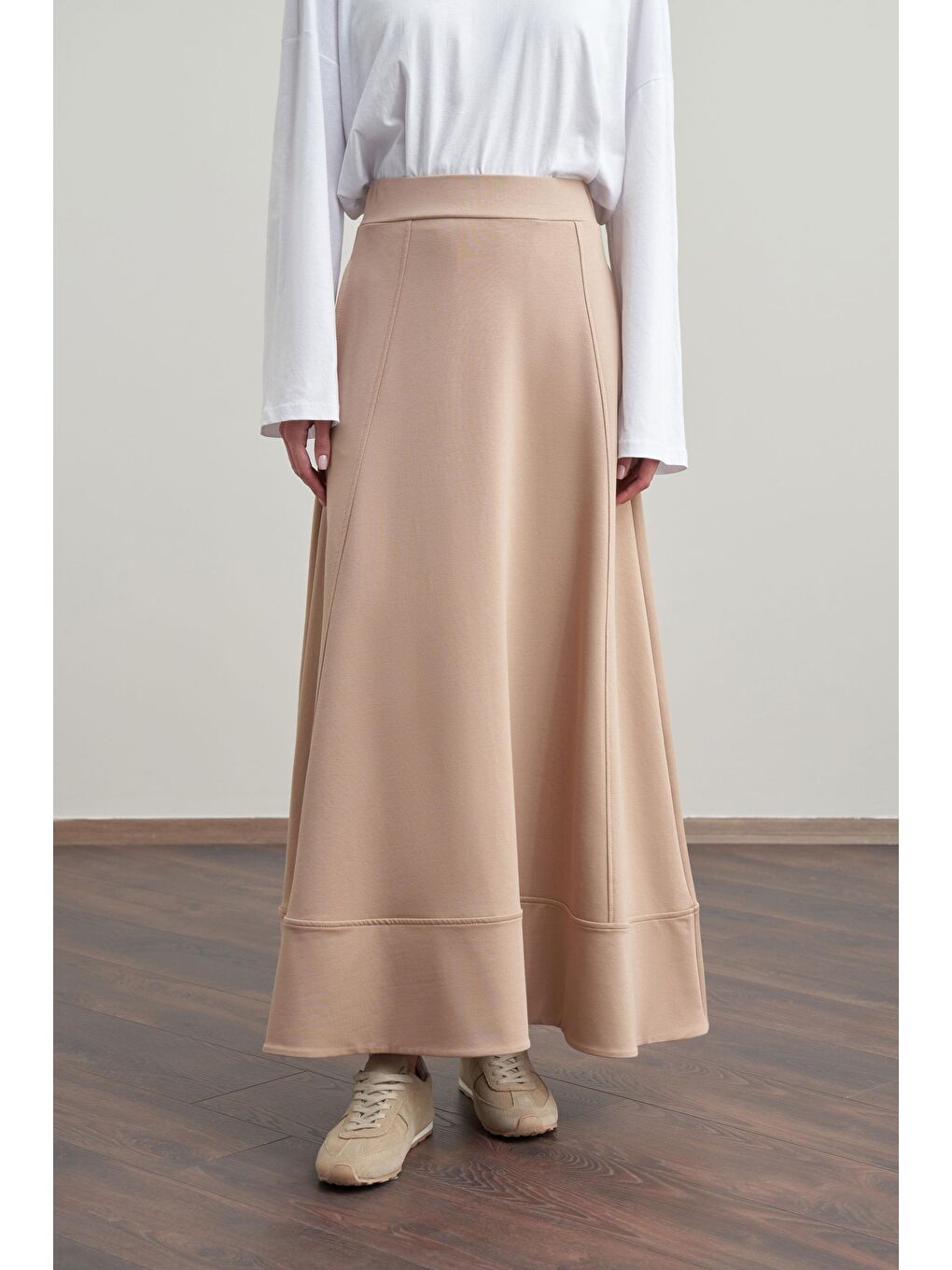 Bej Vizon-Pamuklu Etek Ucu Bantlı Çan Etek-3