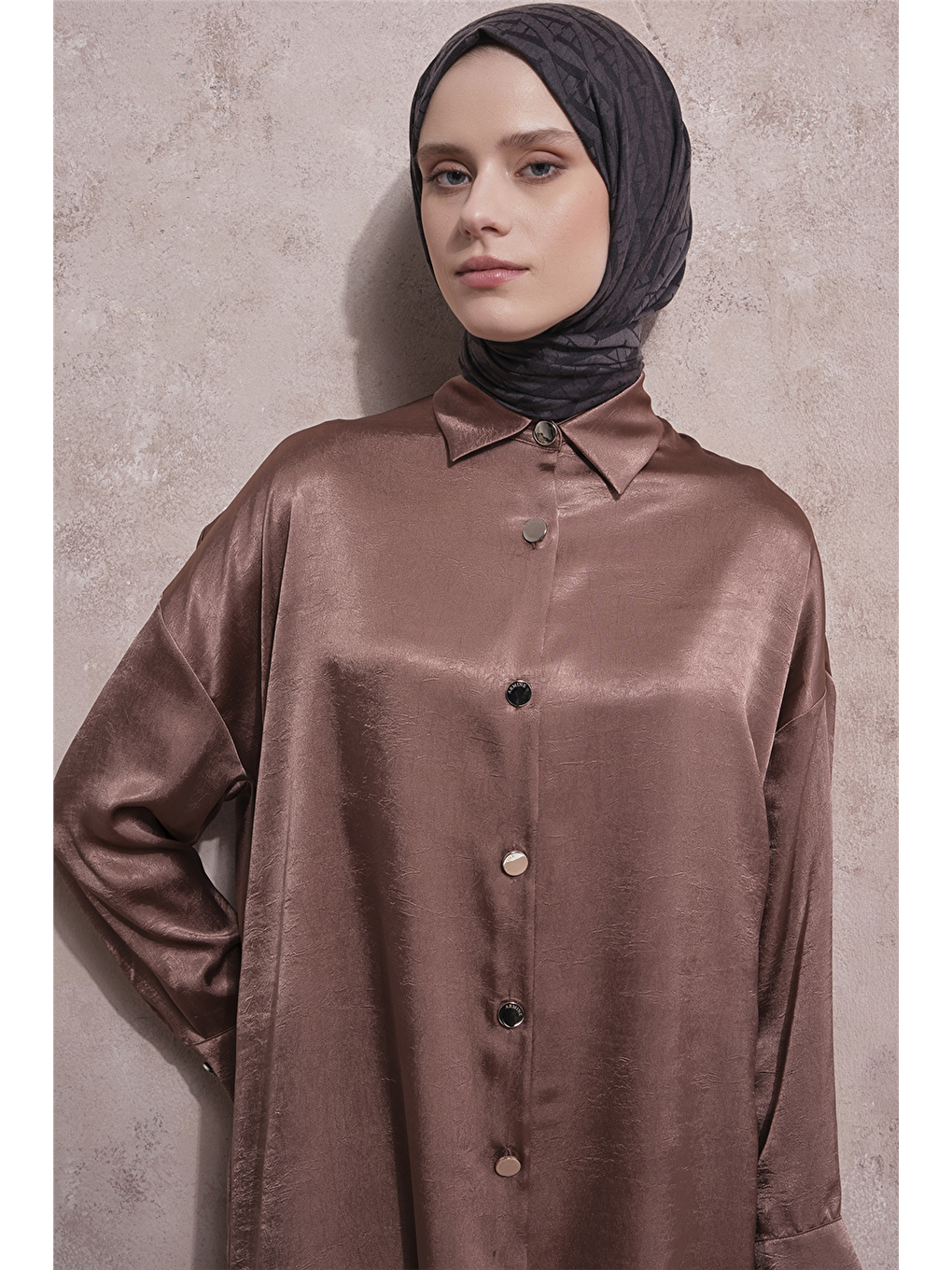 Kırışık Efektli Metal Düğmeli Tunik Kahverengi-3