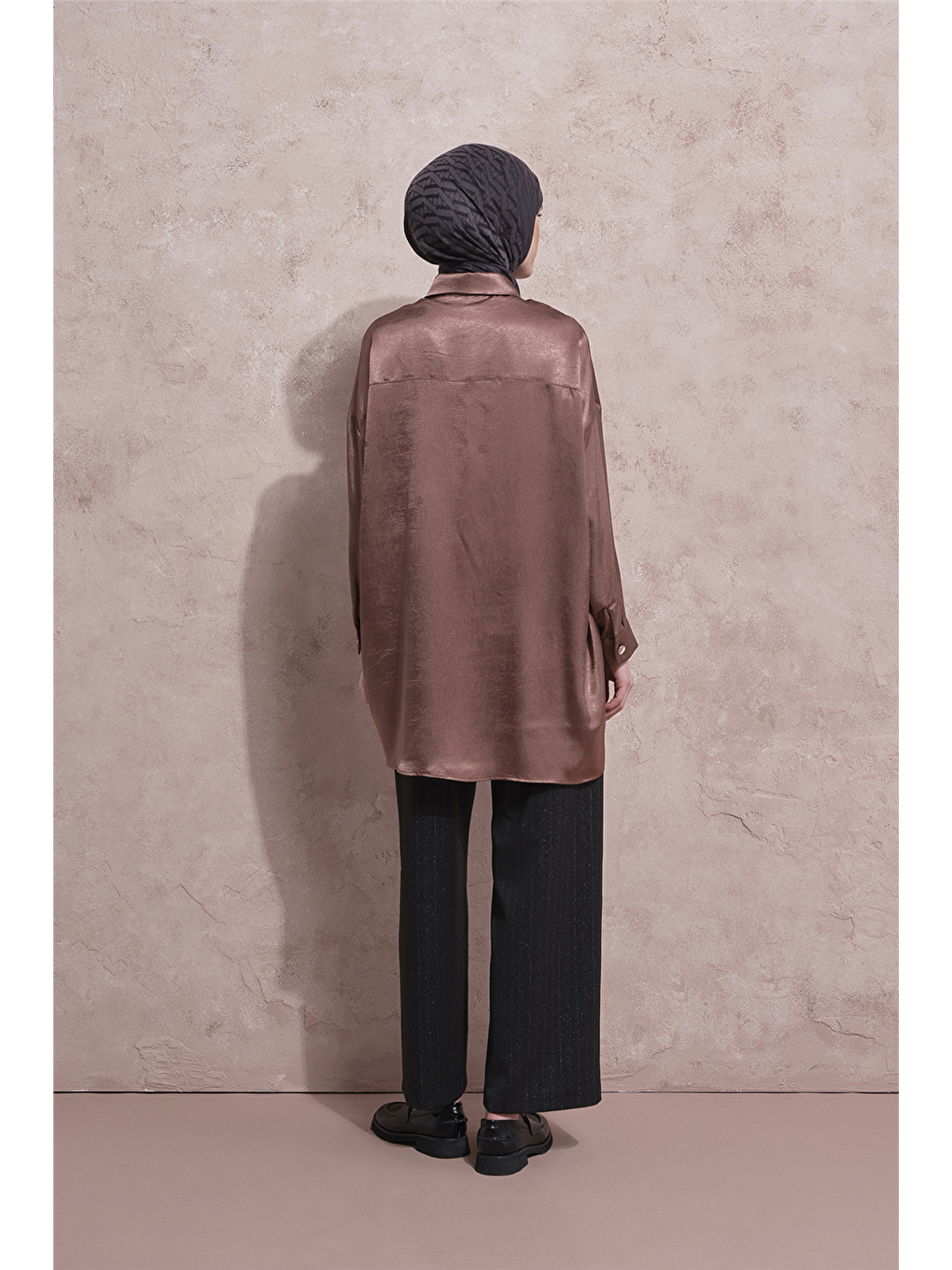 Kırışık Efektli Metal Düğmeli Tunik Kahverengi-4