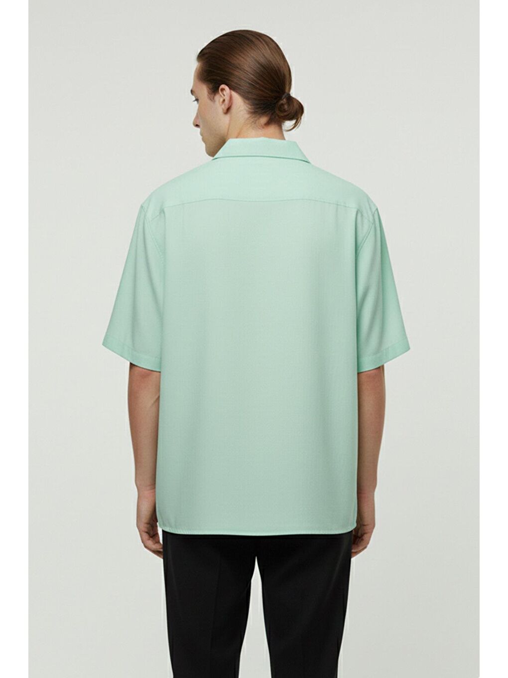 Yeşil Giotelli Mint Oversize %100 Lyocell Apaş Yaka Kısa Kol Erkek Gömlek-3