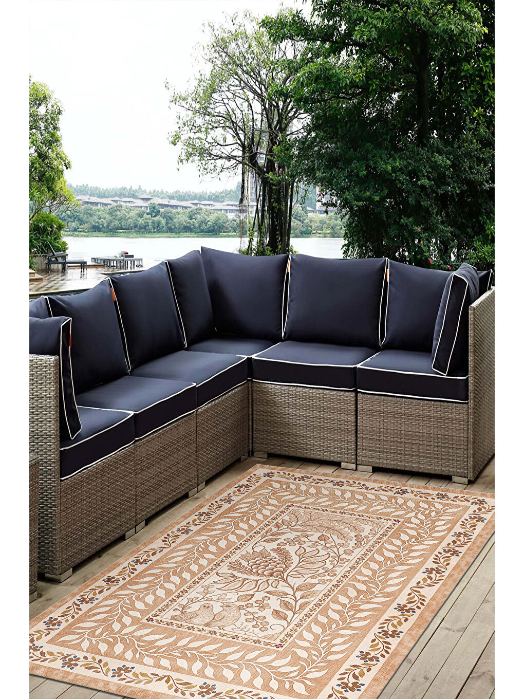 Bej Dekoratif Salon Halısı, Makinada Yıkanabilir, Kaymaz Taban, İnce & Modern Tasarım-2