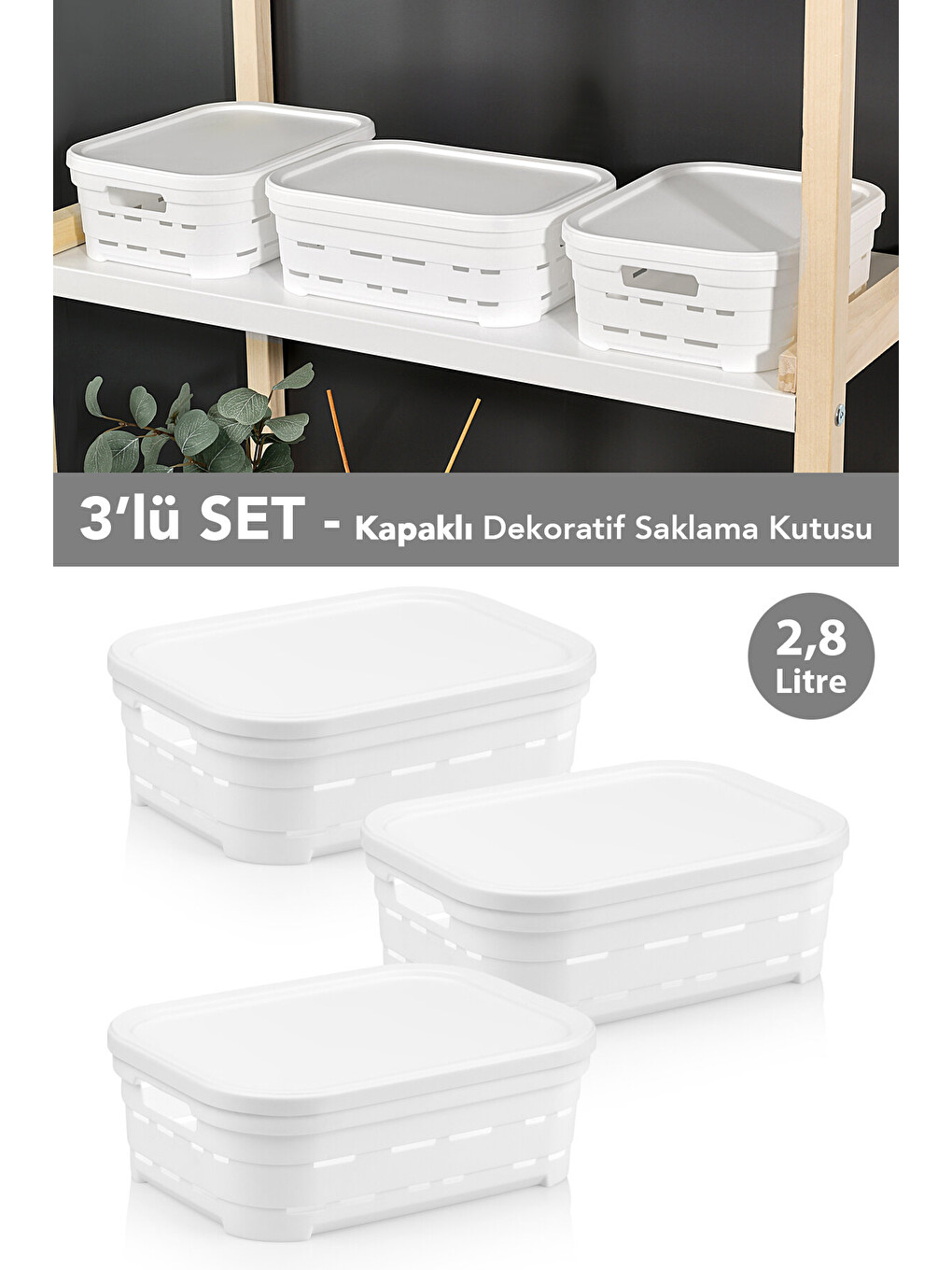 Beyaz 3'lü Kapaklı Delikli Dekoratif Piramit Saklama Kutusu