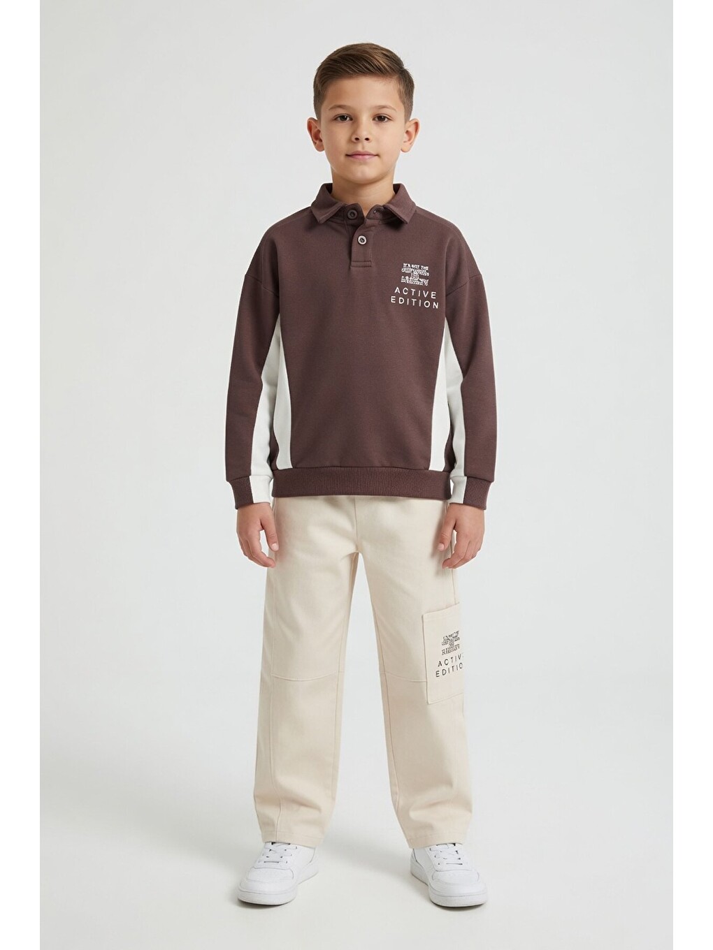 Kahverengi Polo Yaka Sweatshirt Keten Pantolonlu Erkek Çocuk Takım 24531