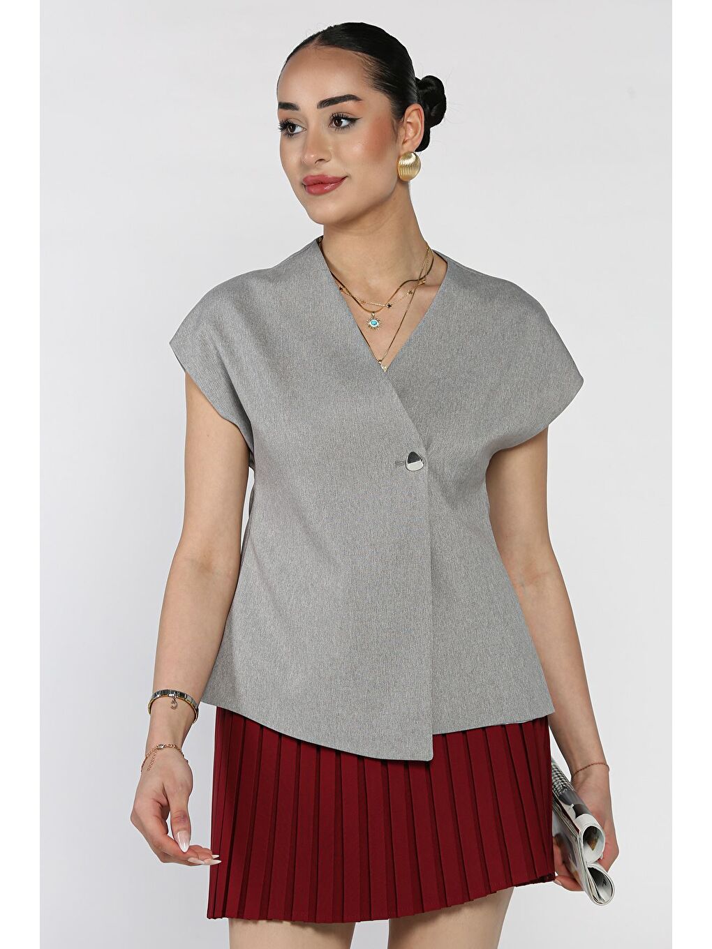 Gri Kadın Astarlı Tek Düğmeli Yelek-1