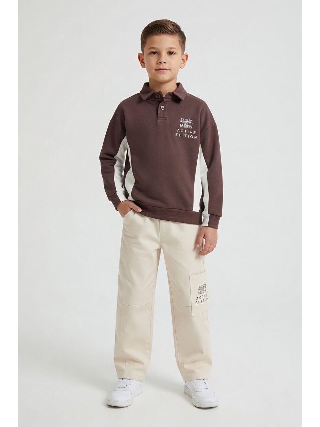 Kahverengi Polo Yaka Sweatshirt Keten Pantolonlu Erkek Çocuk Takım 24531-1
