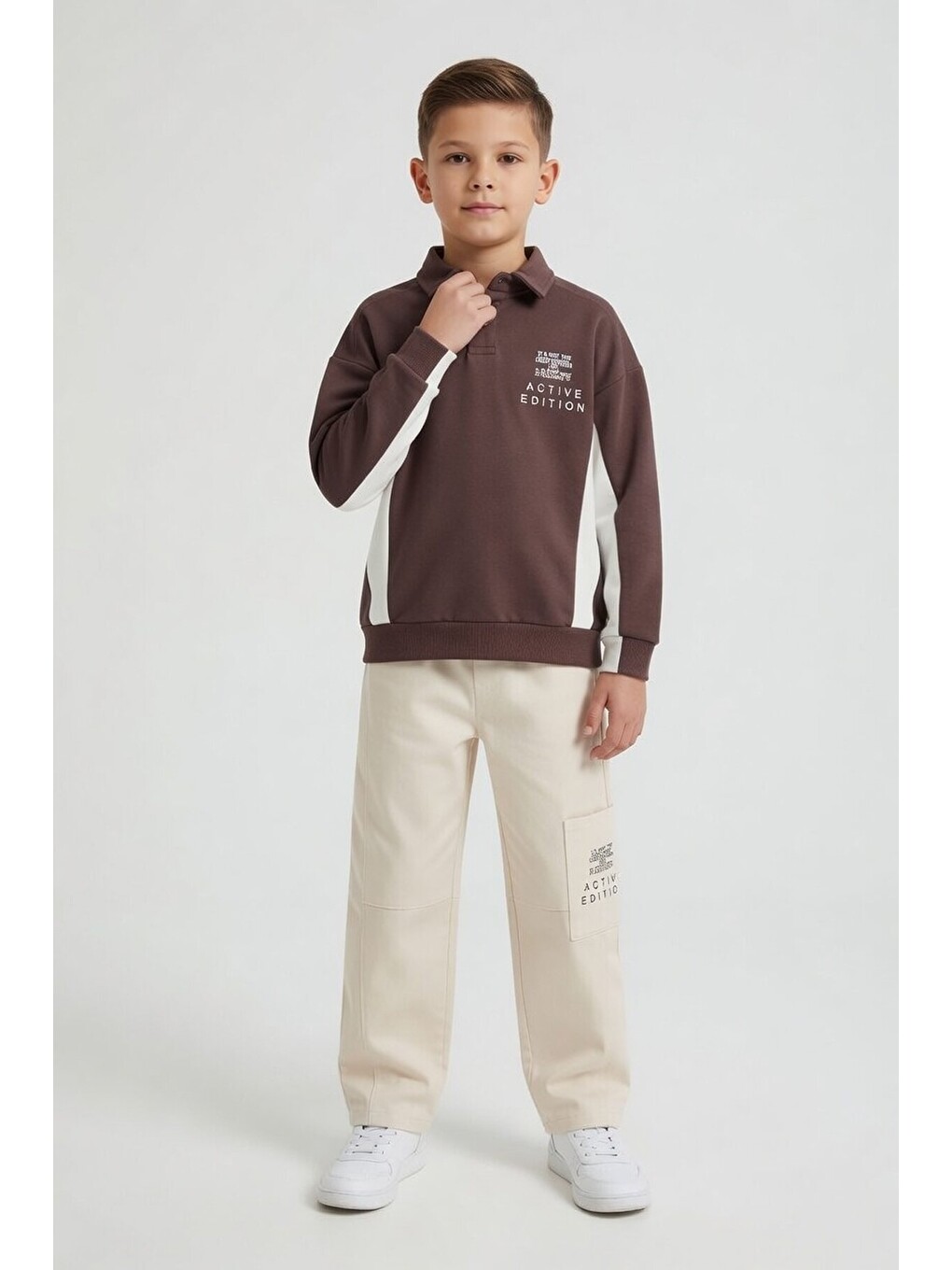 Kahverengi Polo Yaka Sweatshirt Keten Pantolonlu Erkek Çocuk Takım 24531-2