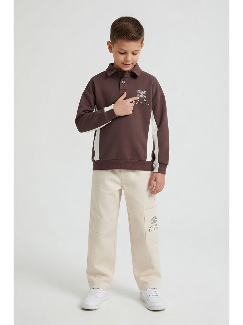 Kahverengi Polo Yaka Sweatshirt Keten Pantolonlu Erkek Çocuk Takım 24531-3
