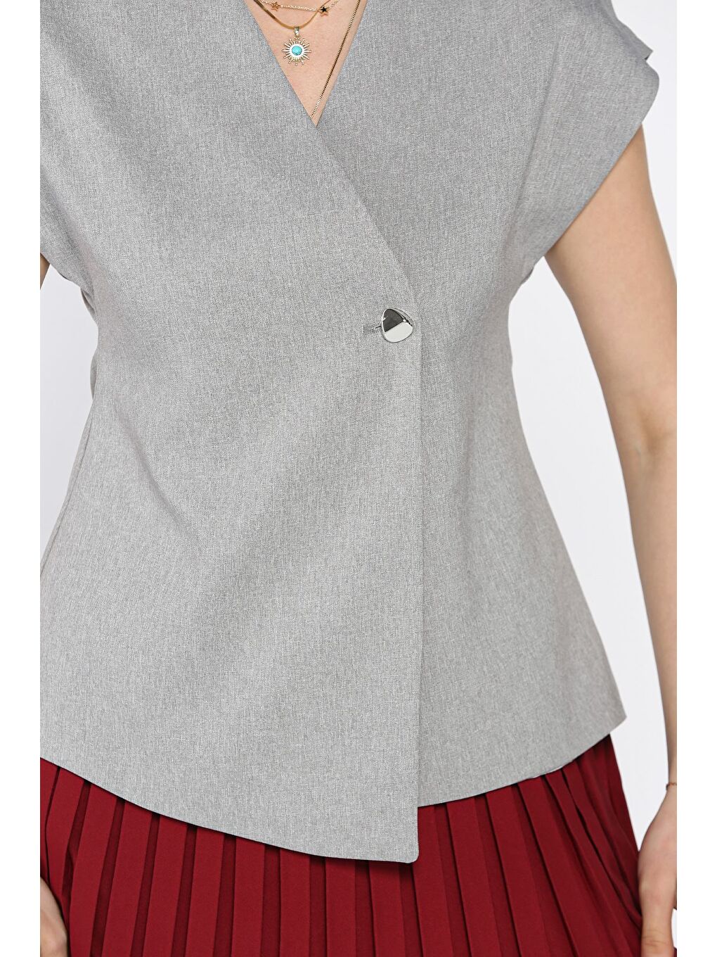 Gri Kadın Astarlı Tek Düğmeli Yelek-3