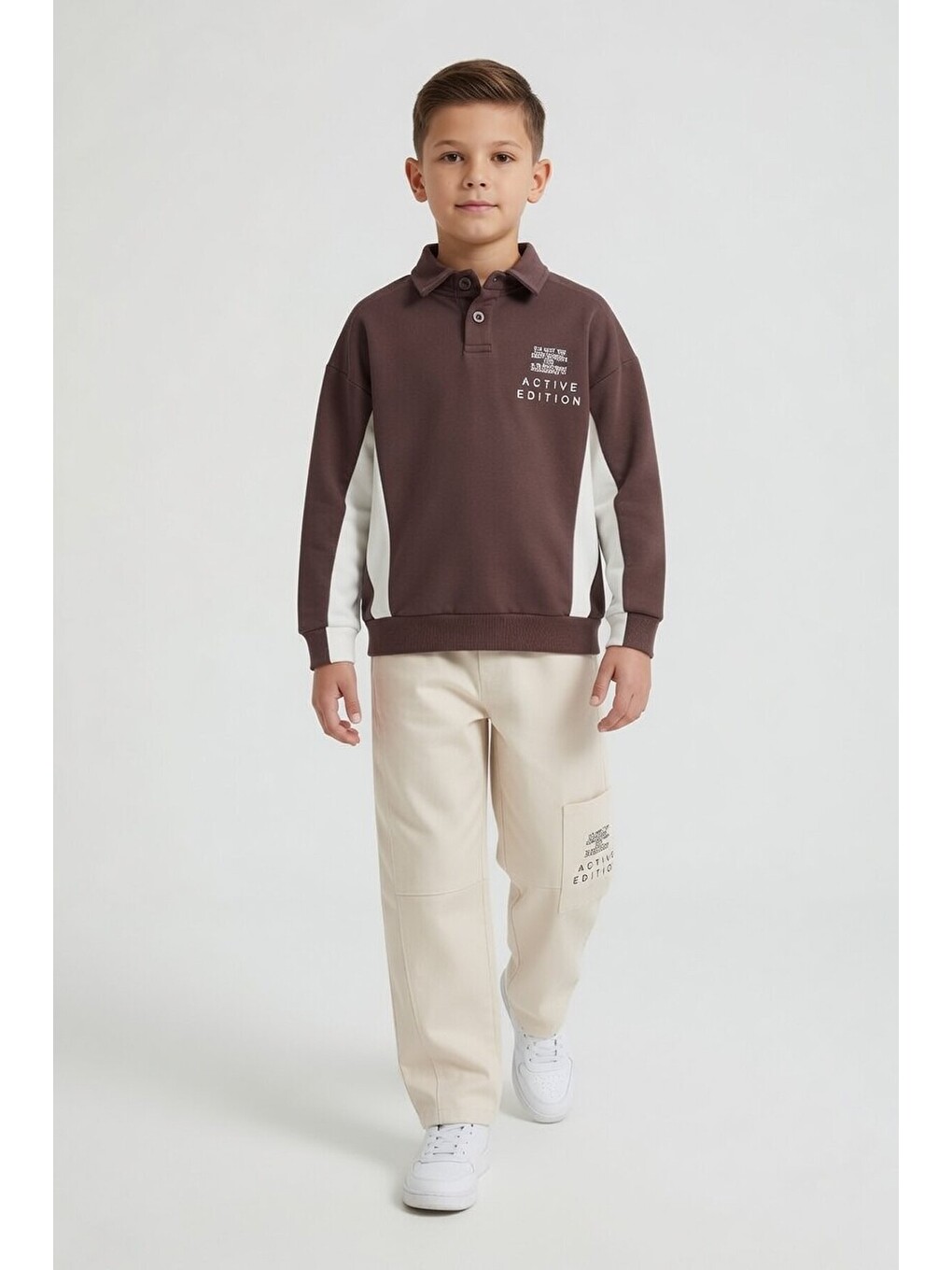 Kahverengi Polo Yaka Sweatshirt Keten Pantolonlu Erkek Çocuk Takım 24531-4