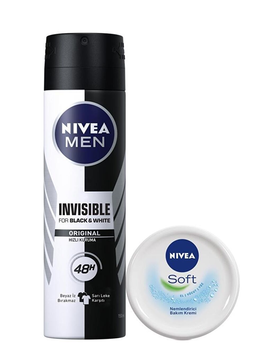 NIVEA Şeffaf Men Erkek Sprey Deodorant Black&White Original 150 ml + Soft Krem 100 ml