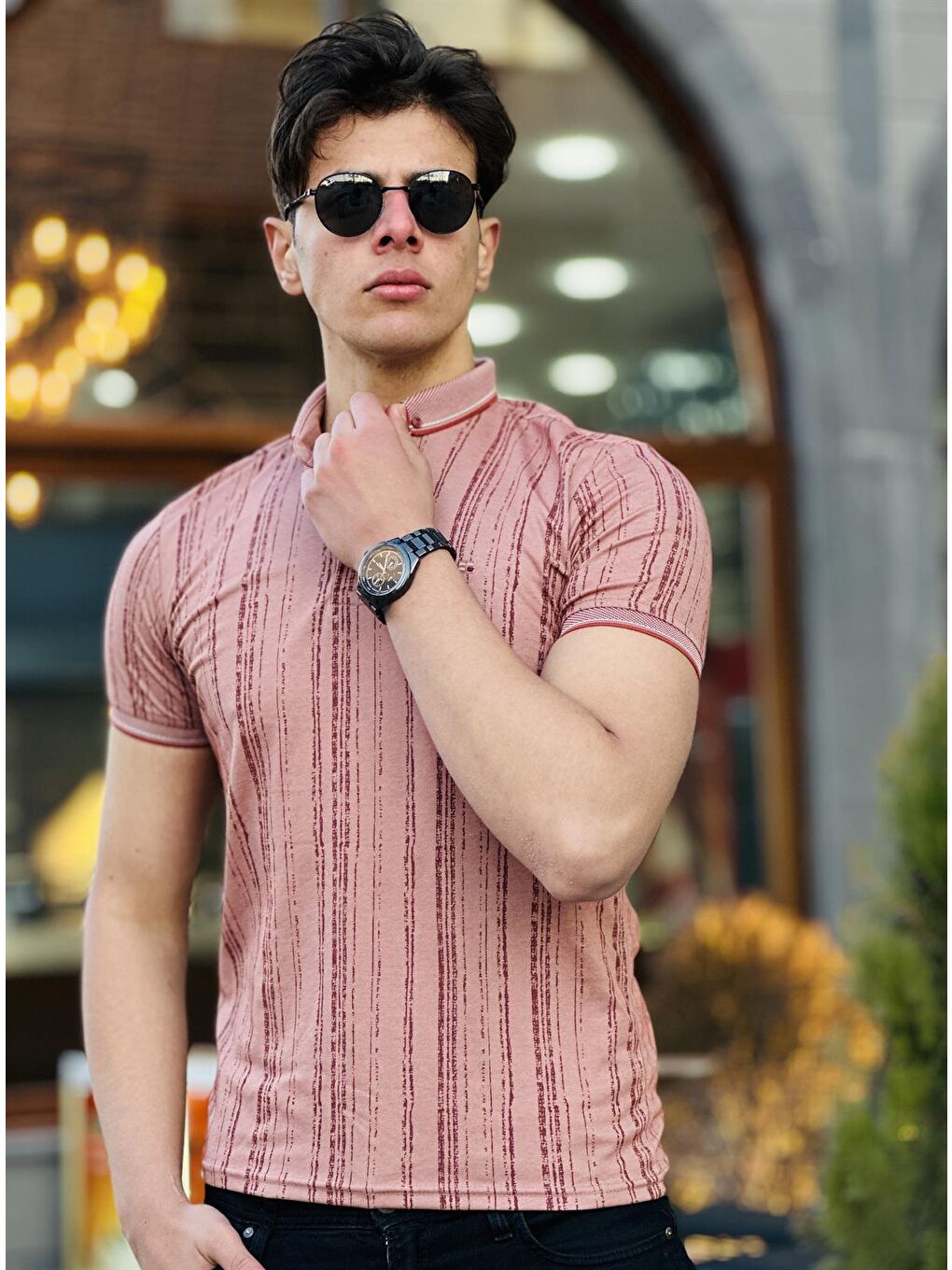 Dikey Eskitme Baskılı Polo Yaka Kısa Kollu Tişört 41231-Pembe