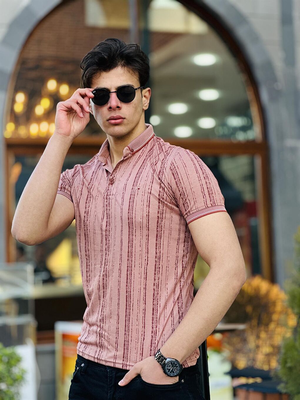 Dikey Eskitme Baskılı Polo Yaka Kısa Kollu Tişört 41231-Pembe-1