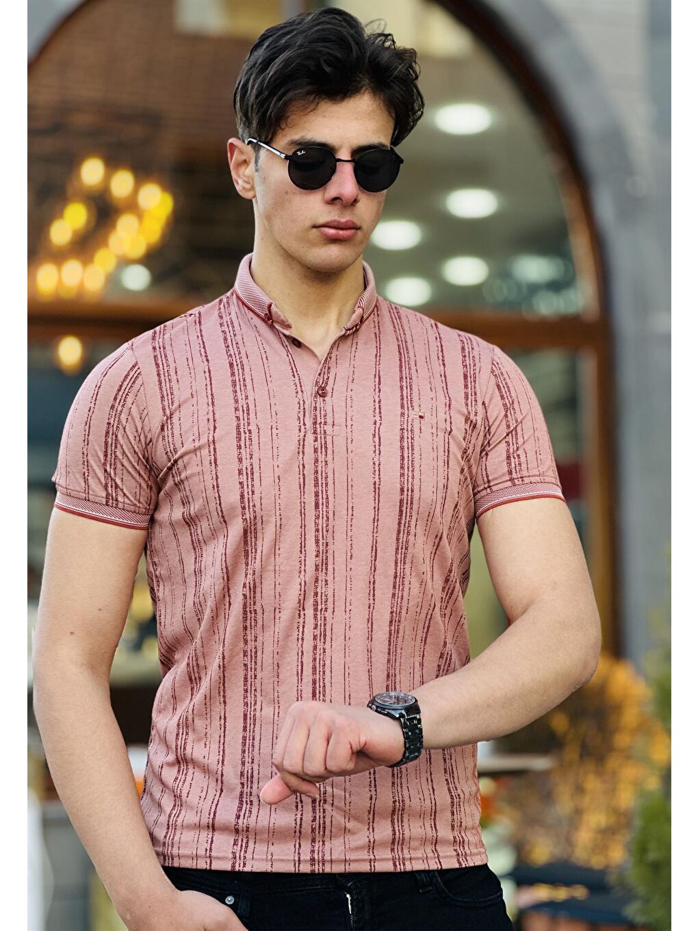 Dikey Eskitme Baskılı Polo Yaka Kısa Kollu Tişört 41231-Pembe-2