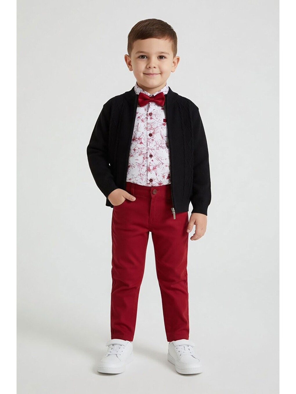 Bordo Keten Pantolonlu Hırkalı Erkek Çocuk Gömlekli 3lü Takım 24551-1
