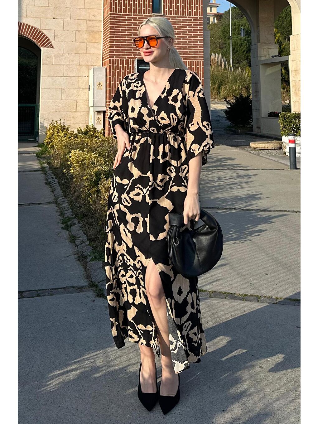 Siyah Desenli Yırtmaç Detaylı Uzun Elbise Mg2322-3