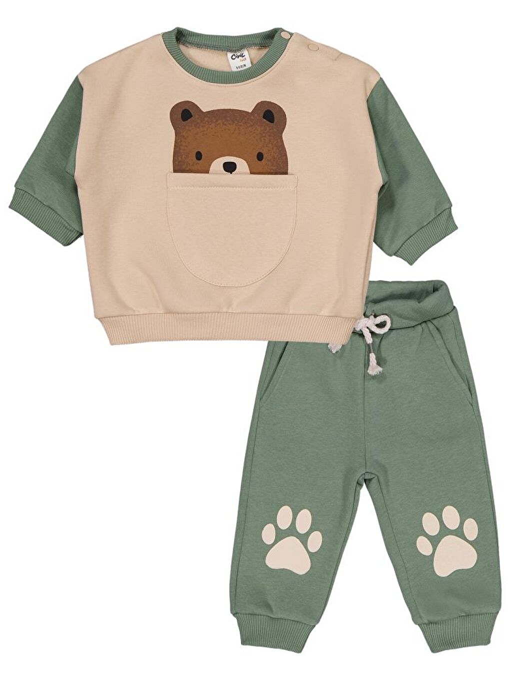 Haki Baby Ayıcık Cepli 6-18 Ay Takım-1