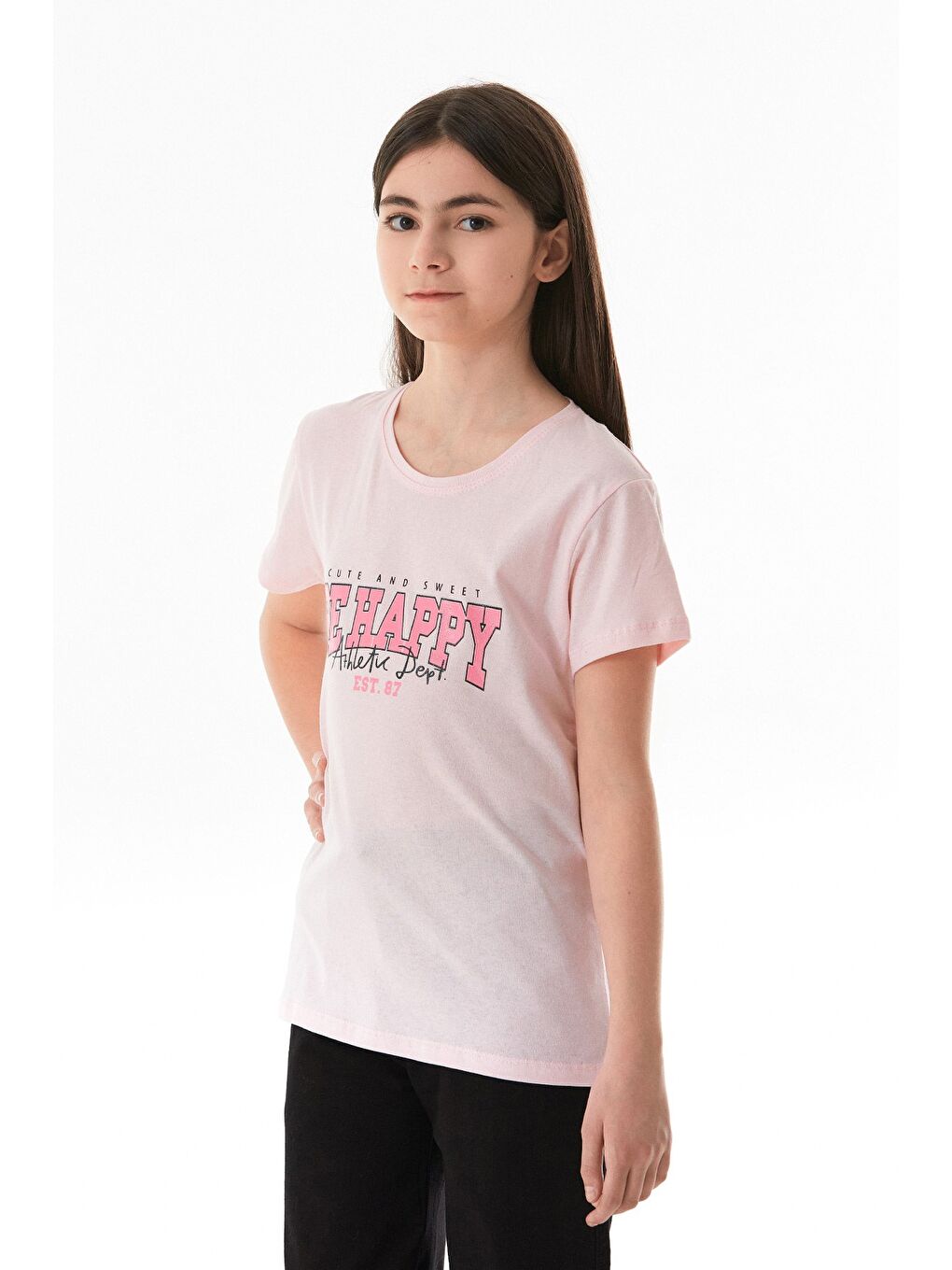 Pembe %100 Pamuk Be Happy Baskılı Kız Çocuk Tişört-1