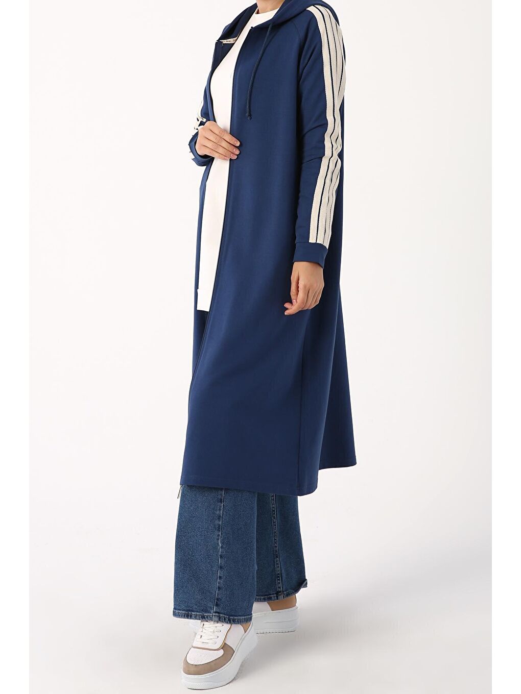 Açık İndigo Kolları Şeritli Kapüşon Fermuarlı Hırka-2