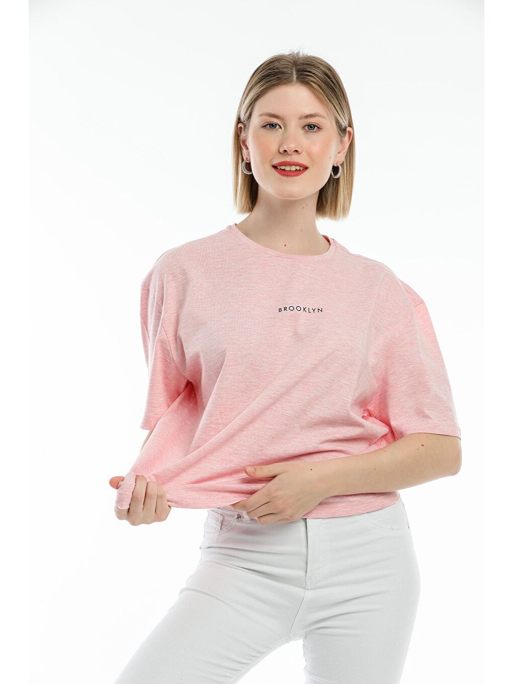 Süperlife Pembe Kadın Bisiklet Yaka Oversize Fit Brookyln Baskılı Tişort SPR21YK27 - 2