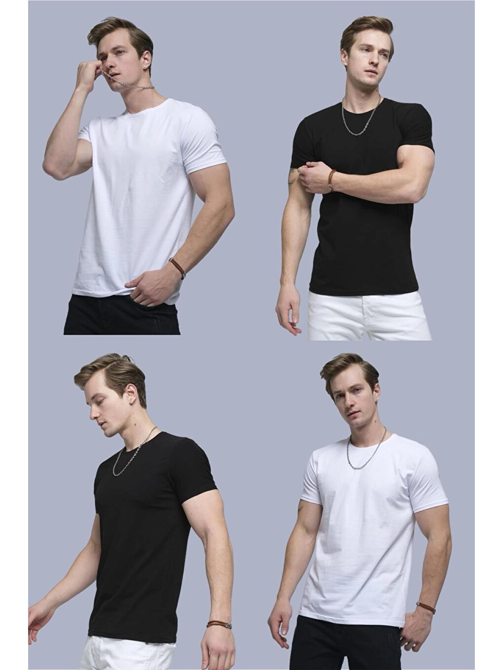 Siyah Ftx 4'lü Paket Slim Fit Likralı Bisiklet Yaka Erkek Basic Tişört