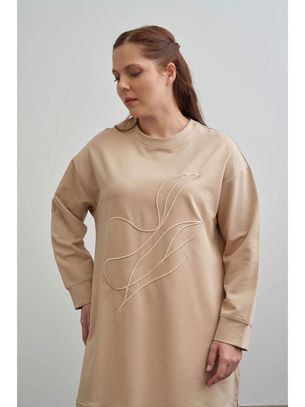 Bej-Yumuşak Dokulu Büyük Beden Nakışlı Sweatshirt-4