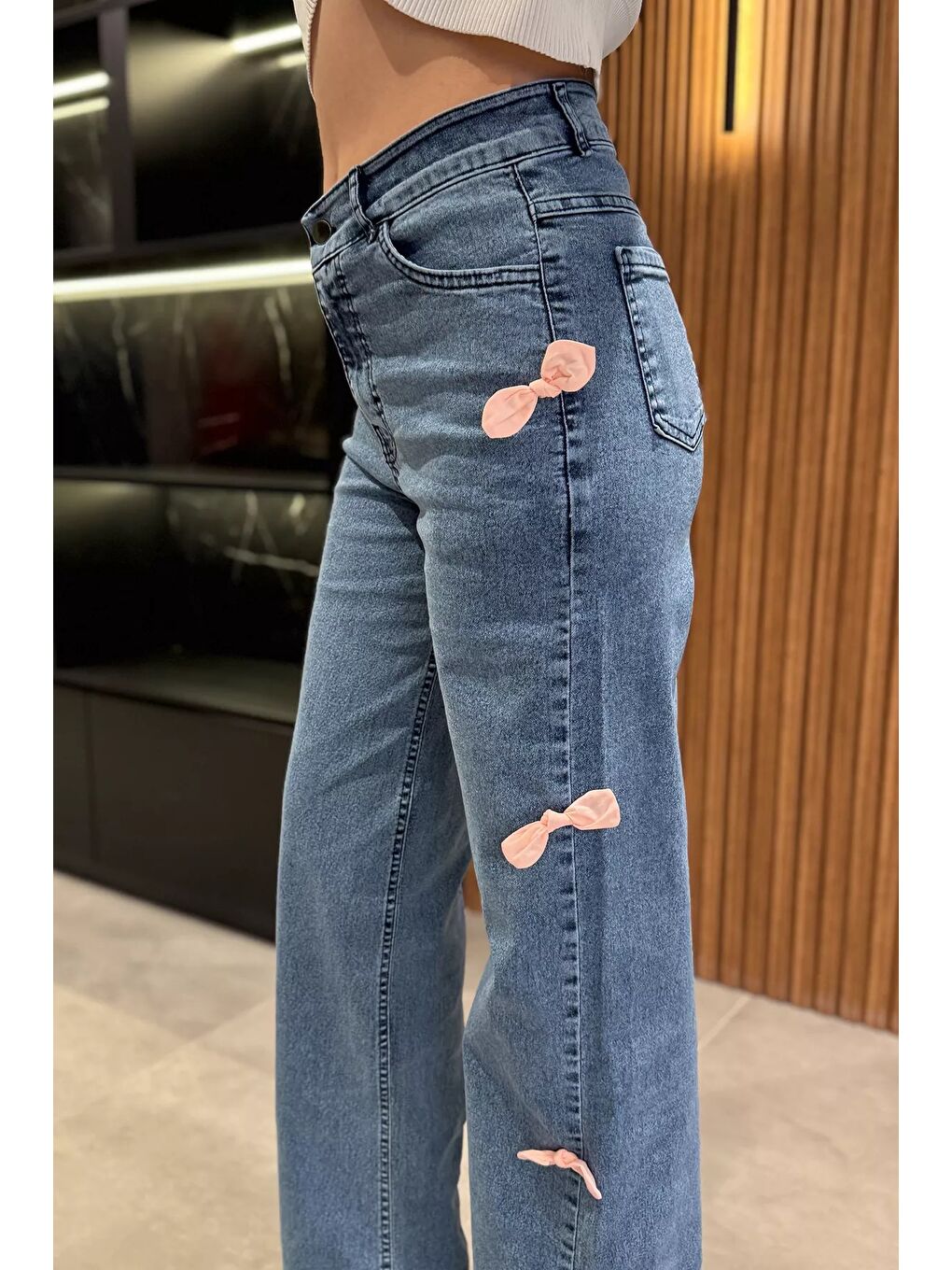 Mavi Fiyonk Detaylı Yüksek Bel Bol Paça Kadın Jean Jean Pantolon-2