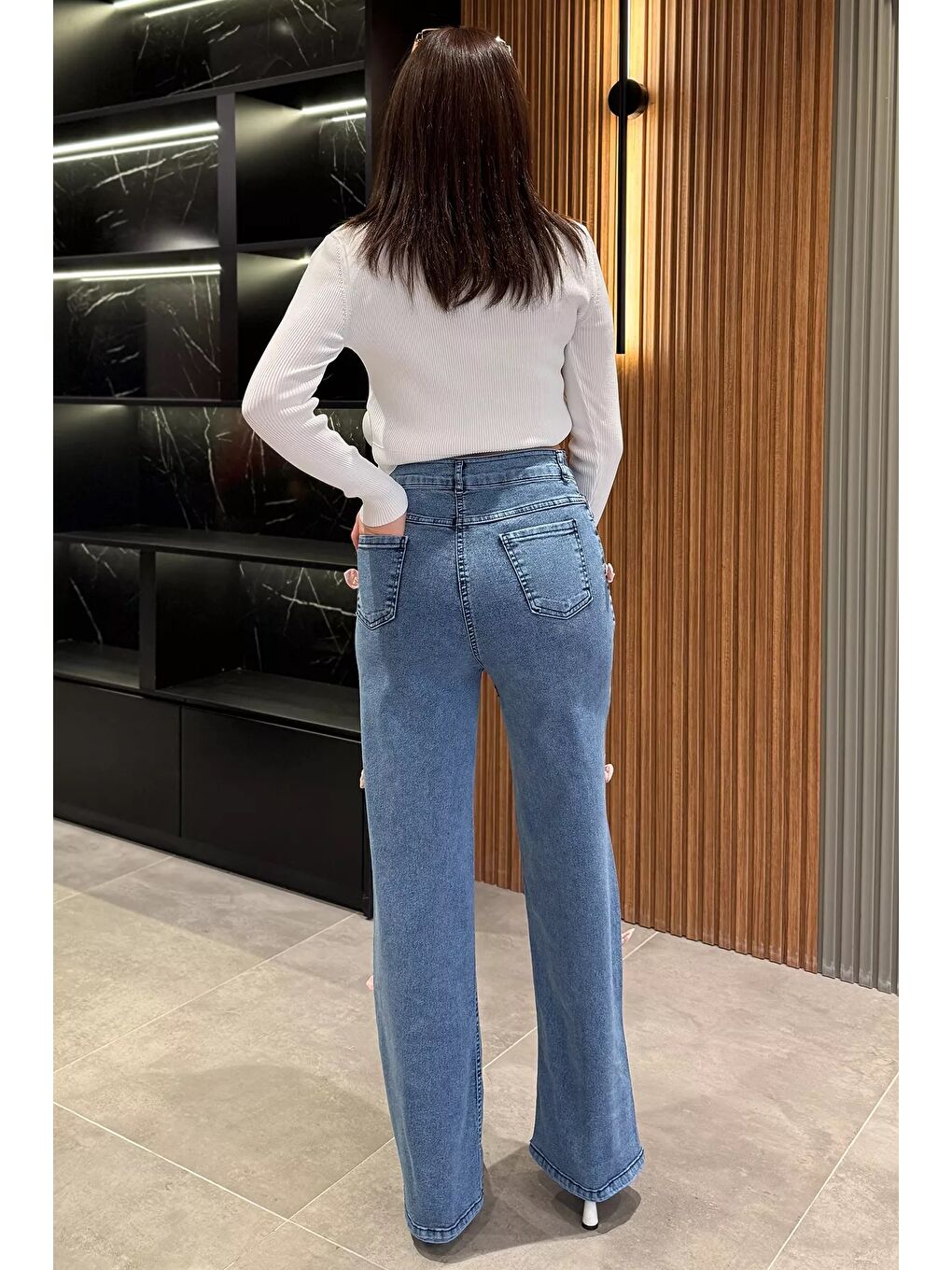 Mavi Fiyonk Detaylı Yüksek Bel Bol Paça Kadın Jean Jean Pantolon-3