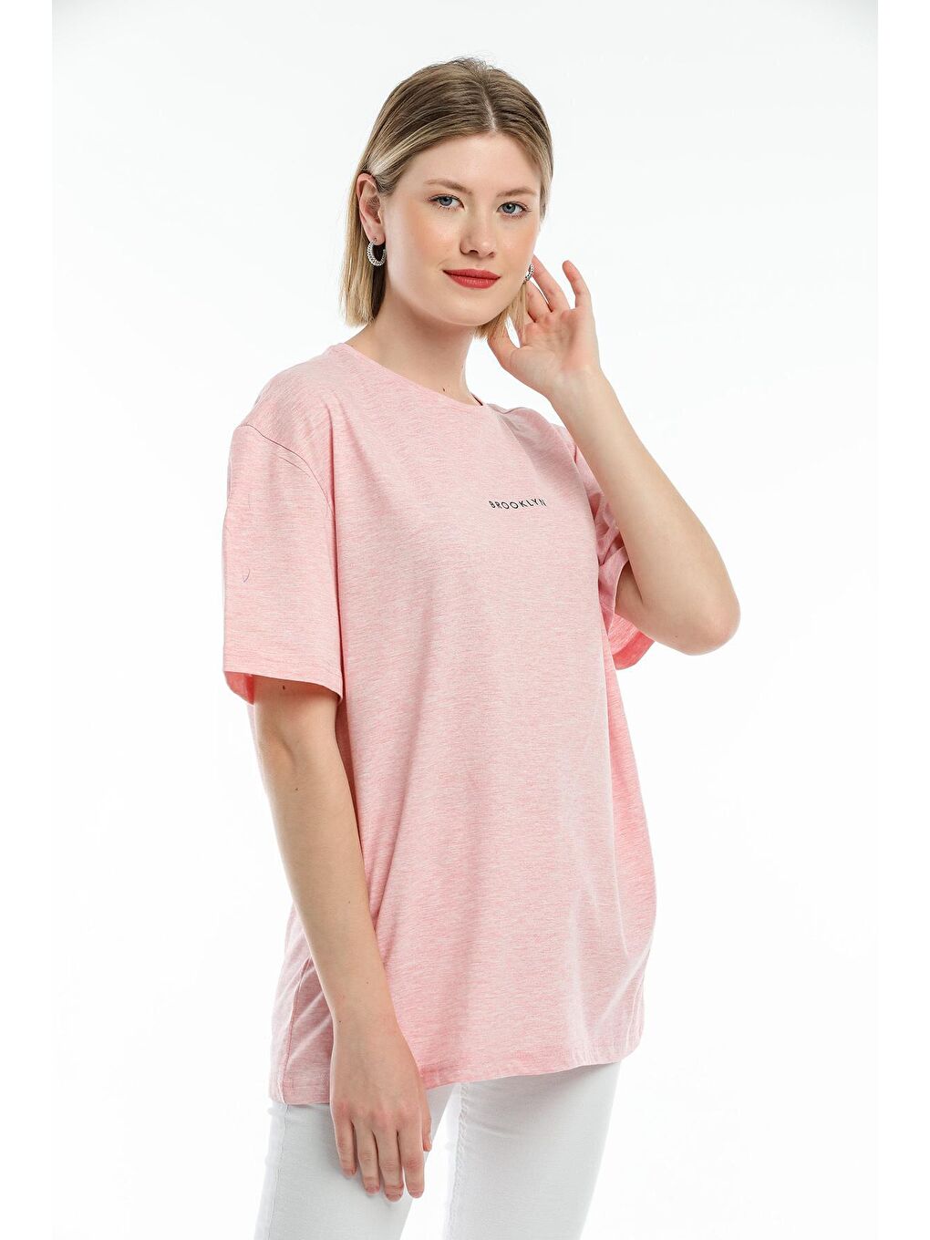 Süperlife Pembe Kadın Bisiklet Yaka Oversize Fit Brookyln Baskılı Tişort SPR21YK27 - 1