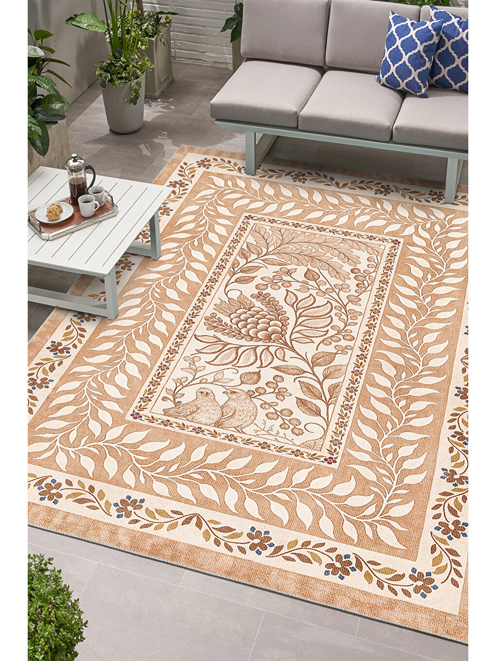 Bej Dekoratif Salon Halısı, Makinada Yıkanabilir, Kaymaz Taban, İnce & Modern Tasarım-4