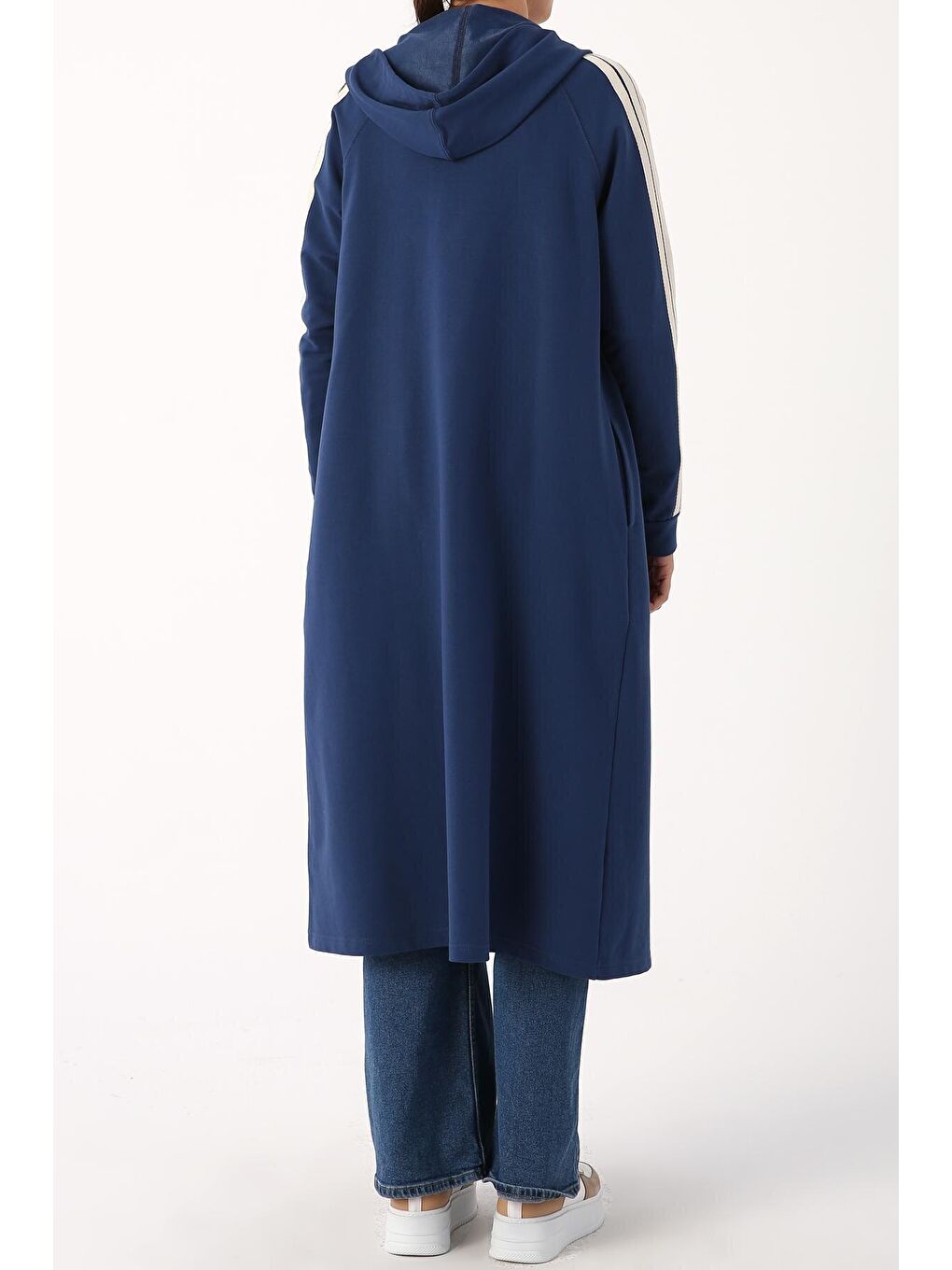 Açık İndigo Kolları Şeritli Kapüşon Fermuarlı Hırka-4
