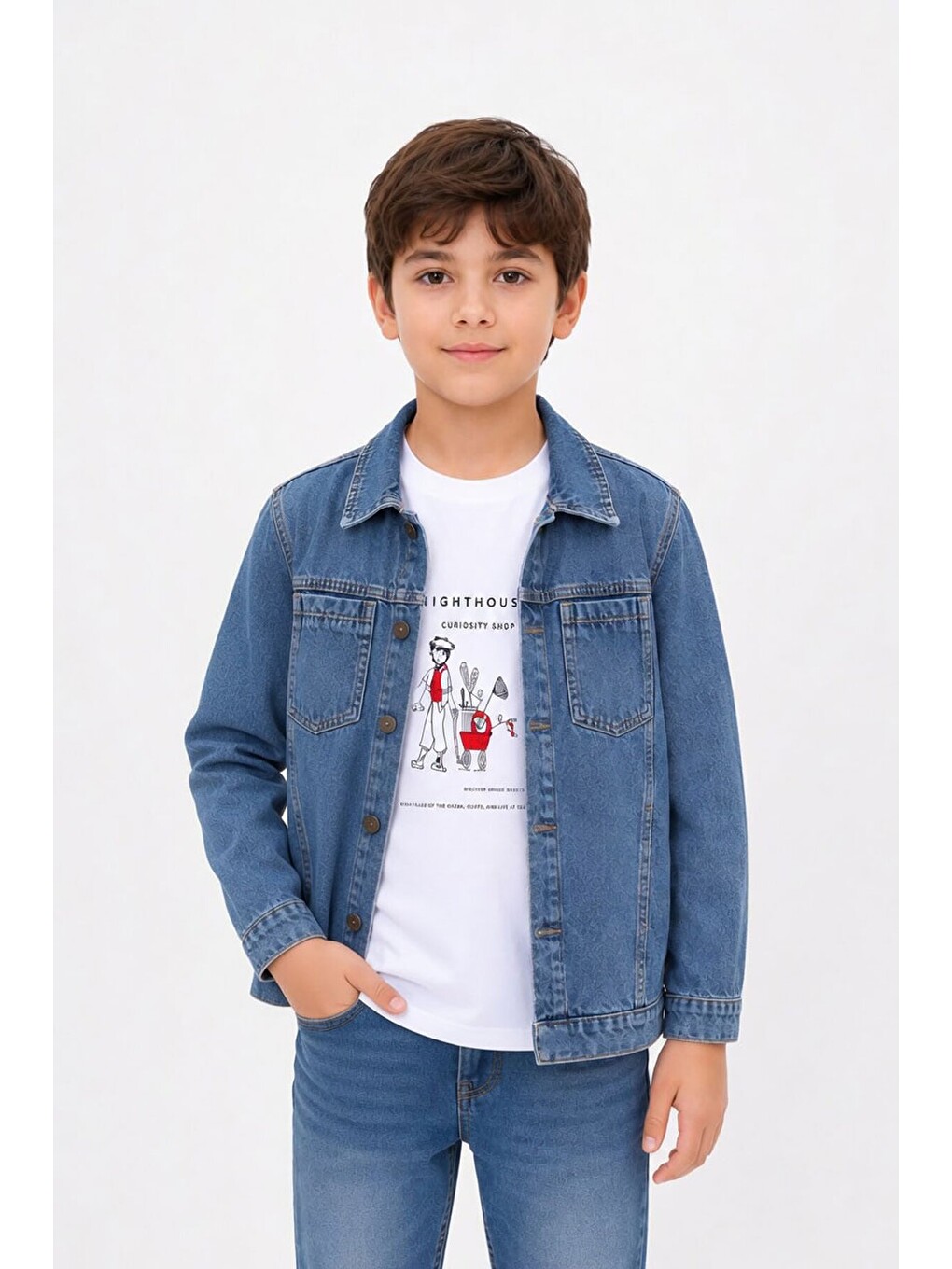 Mavi Baskılı Tişörtlü Erkek Çocuk Jean Gömlek Takımı 24162-1