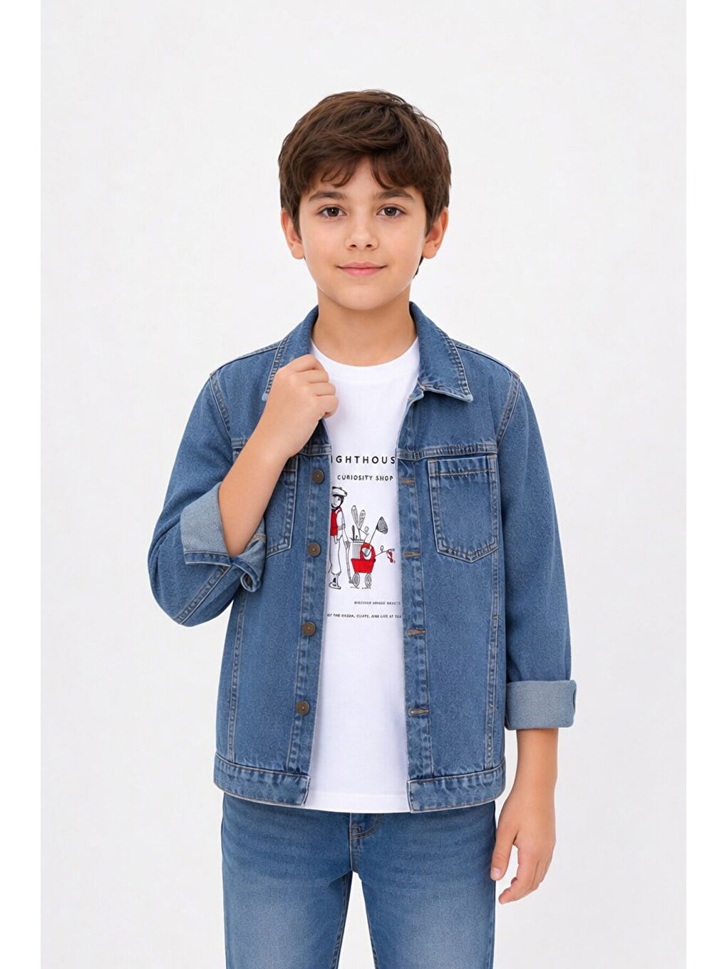 Mavi Baskılı Tişörtlü Erkek Çocuk Jean Gömlek Takımı 24162-2