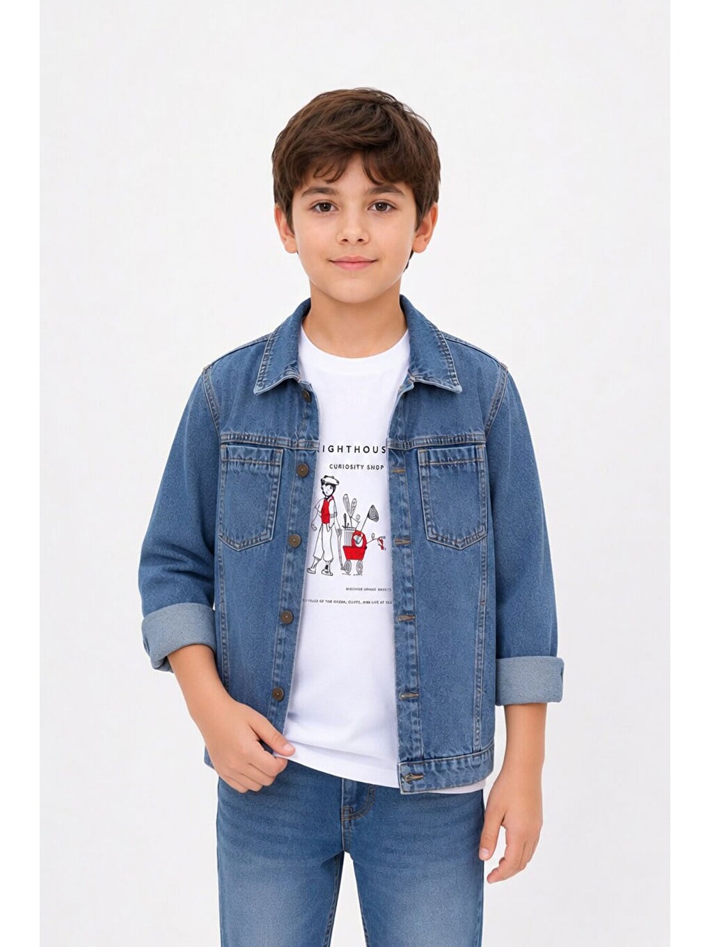 Mavi Baskılı Tişörtlü Erkek Çocuk Jean Gömlek Takımı 24162-3