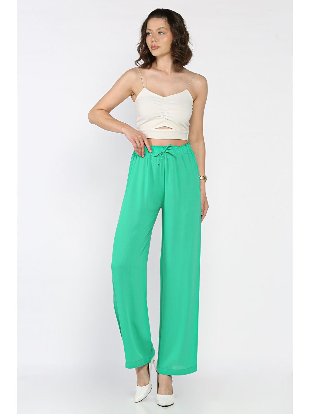 Yeşil Kadın Bel Lastikli Palazzo Pantolon