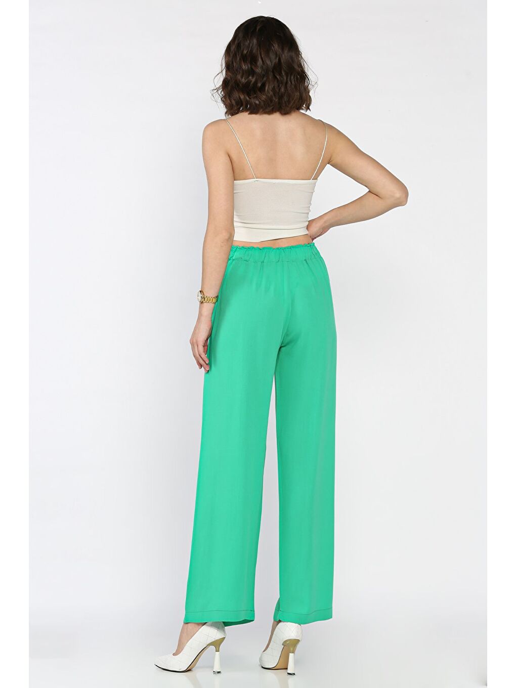 Yeşil Kadın Bel Lastikli Palazzo Pantolon-1
