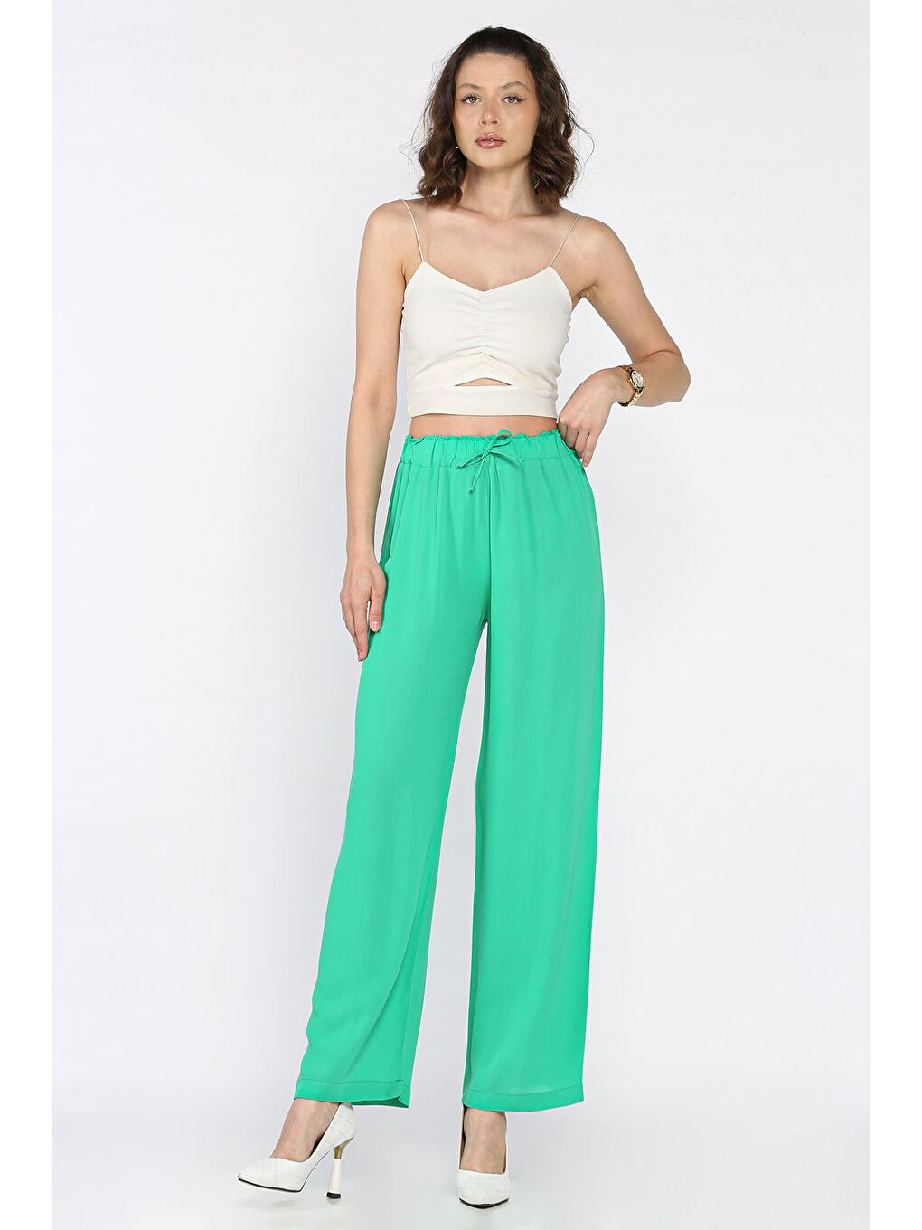 Yeşil Kadın Bel Lastikli Palazzo Pantolon-3