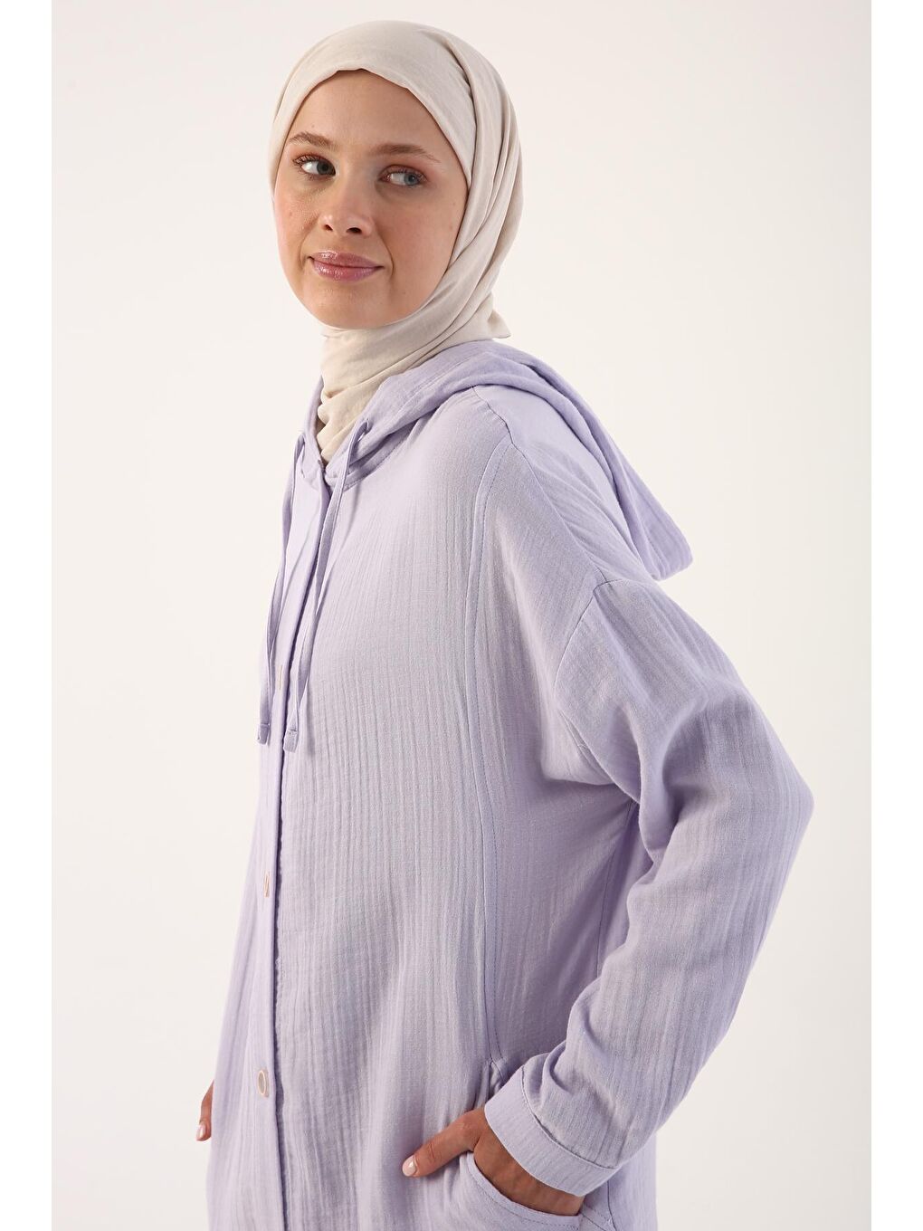 Lila %100 Pamuk Kapüşonlu Önü Düğmeli Rahat Kalıp Kap