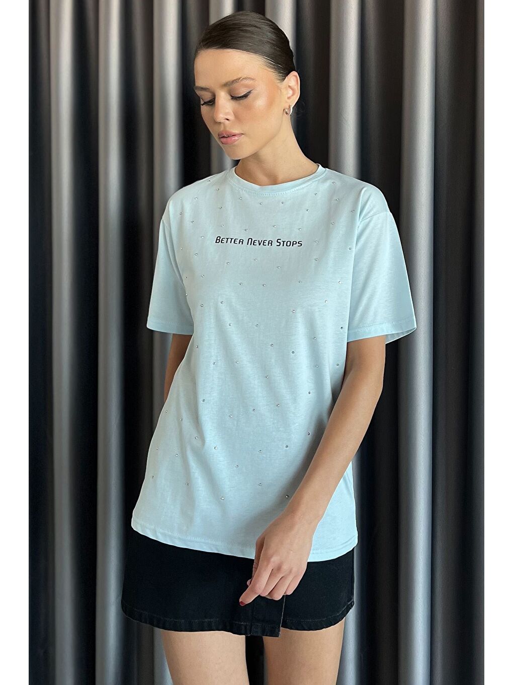 Mavi Kadın Yazı Baskılı Taşlı Bisiklet Yaka Tişört-1