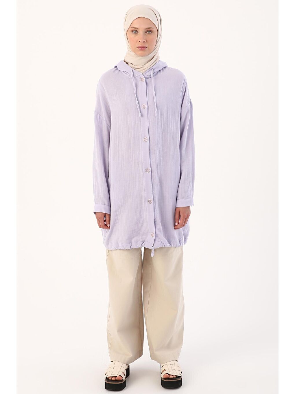 Lila %100 Pamuk Kapüşonlu Önü Düğmeli Rahat Kalıp Kap-1