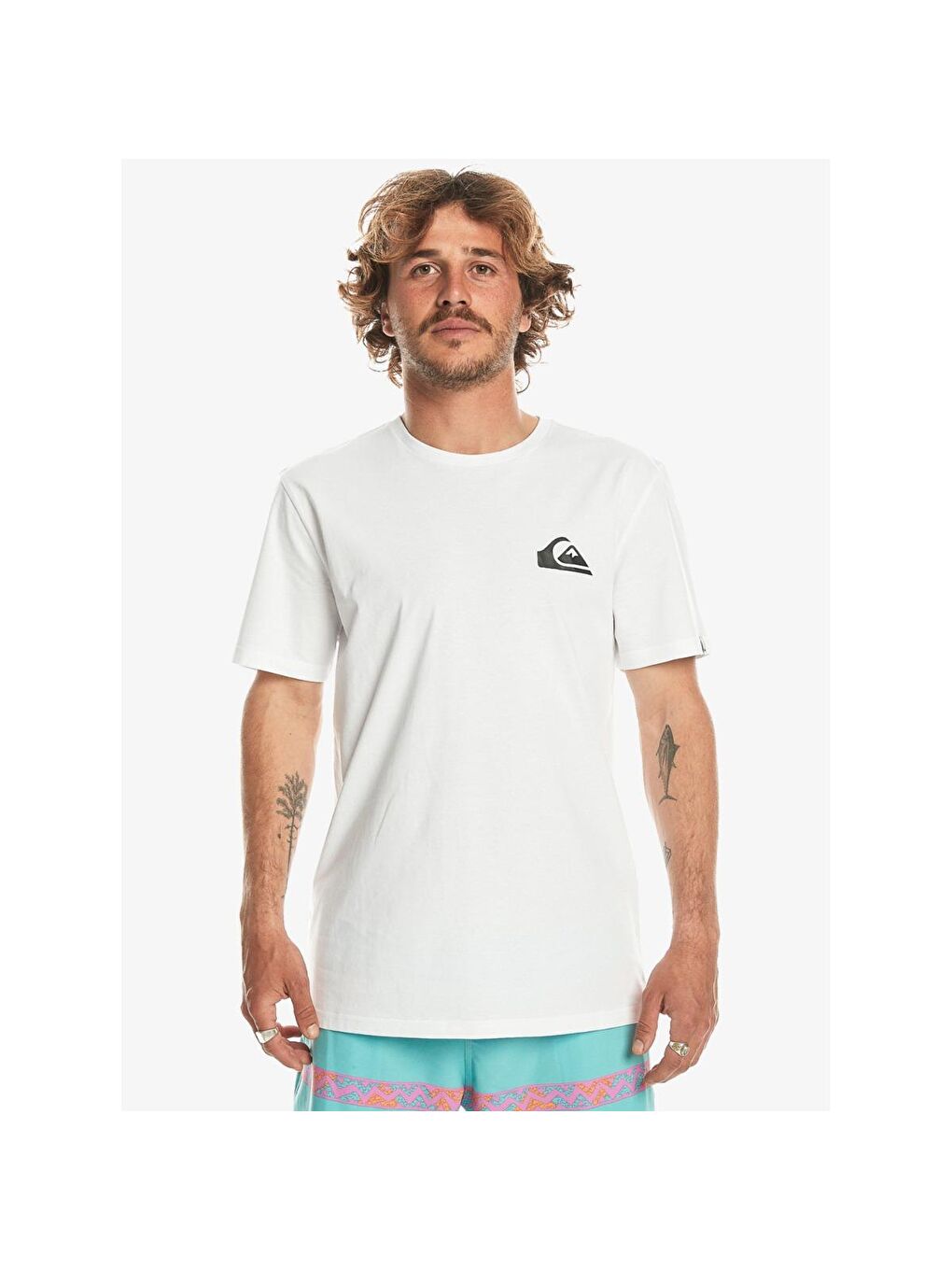 Quiksilver Beyaz Bisiklet Yaka Kısa Kollu Mini Logo Baskılı Erkek Tişört